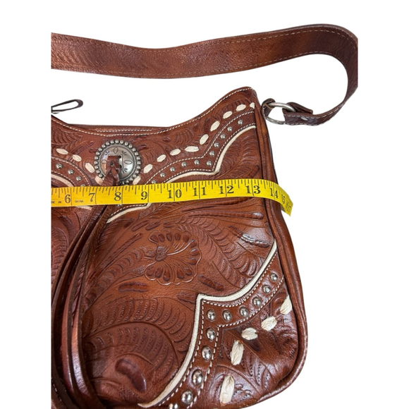 American West Brown Tooled Leather Shoulder Bag With Dust Bag - Picture 11 of 13